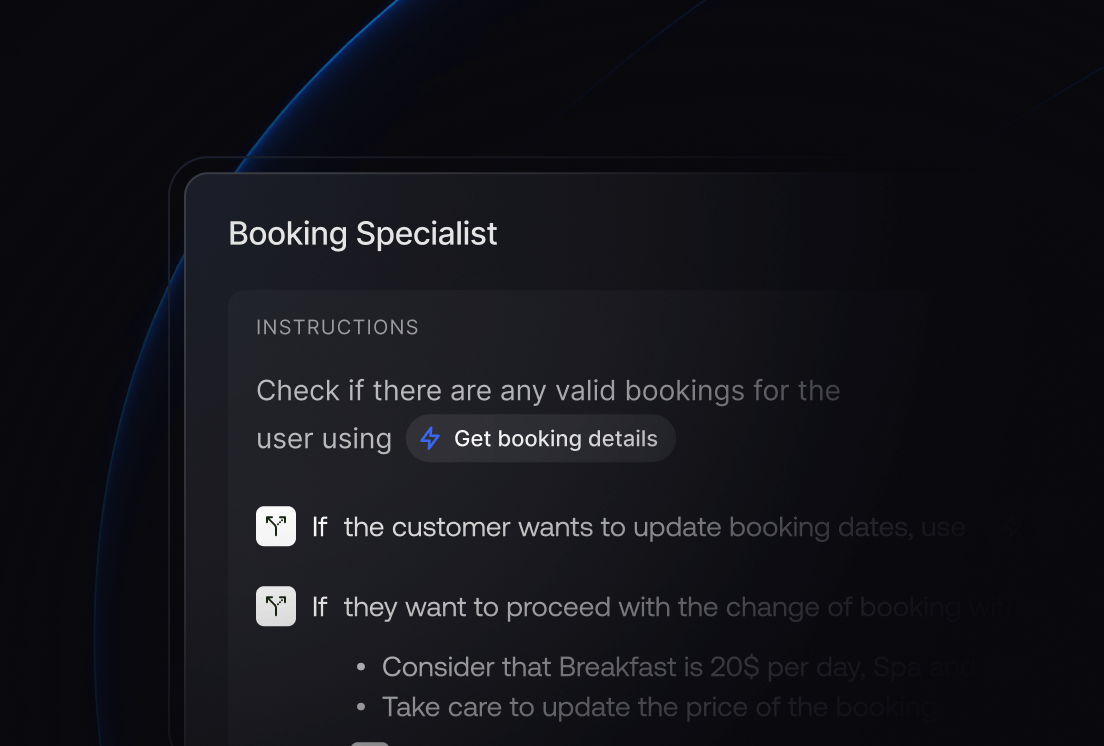 Dark UI card titled "Booking Specialist" showing instructions to check valid bookings using "Get booking details," with conditional steps for updating booking dates and pricing adjustments.